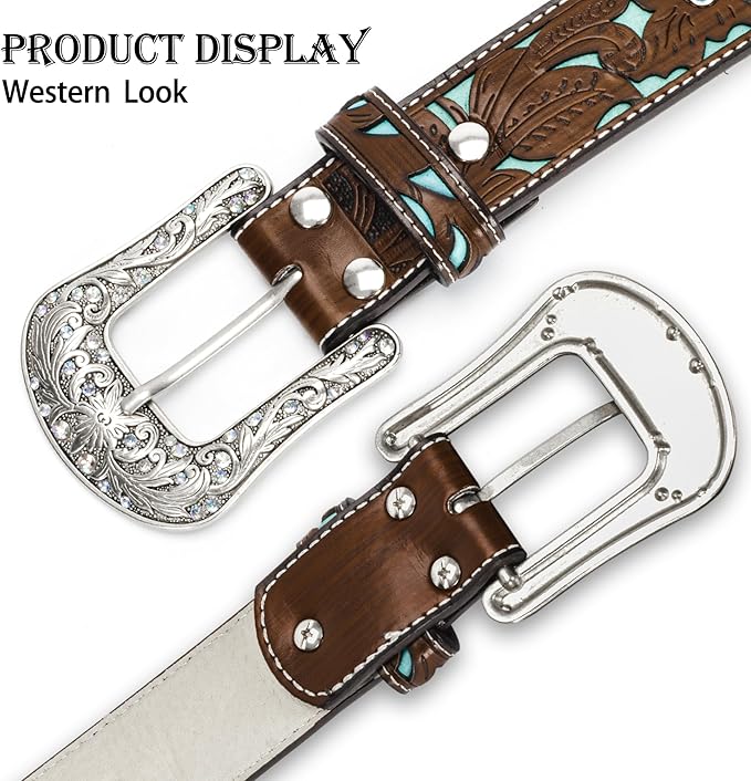 INOGIH Adjustable-Vintage-Western-Cowboy-Belt Women Men - Cowboy-Style Engraved-Buckle Belt for Jeans Pants Dresses