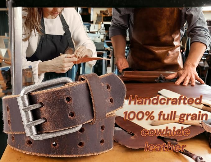 F&L CLASSIC Leather Work Belt, Heavy Duty Double Prong full grain Leather Belts for Men 1 1/2", Mens Casual Belts for Jeans
