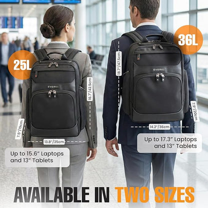 EVERKI Onyx 36L Business Laptop Backpack – Professional Travel Backpack for Men & Women, Laptop Bag with Premium Leather Ballistic & Nylon, Office & Flight Approved, Fits Laptops up to 17.3” - Black