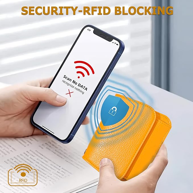 Women Small Wallet RFID Blocking Slim Wallet with Coin Pocket Tri-Fold Credit Card Holder with ID Window and Keychain(Light Yellow)