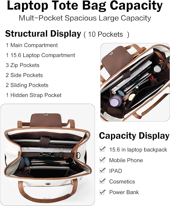 FADEON Large Laptop Tote Bag for Women Designer Leather Laptop Bag Fashion Travel Backpack Purse Shoulder Handbag