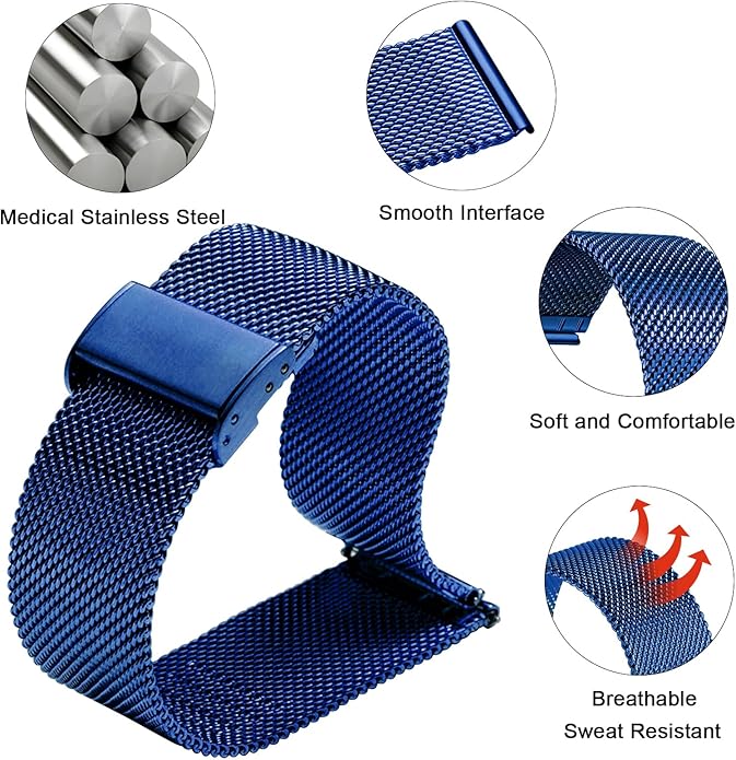 TStrap Mesh Watch Band Metal - Black Quick Release Watch Bands for Men Women - Stainless Steel Smart Watches Strap Bracelet Replacement - 10mm 12mm 14mm 16mm 18mm 20mm 22mm