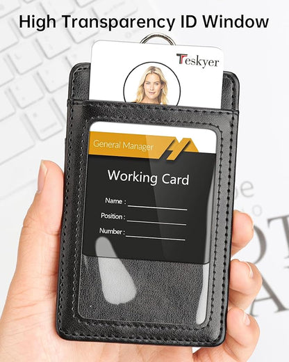 Teskyer Leather ID Badge Holder with Lanyard for Work School IDs, Cruise Ship Cards, Hotel Key Card, All Kinds of Pass Cards - Black