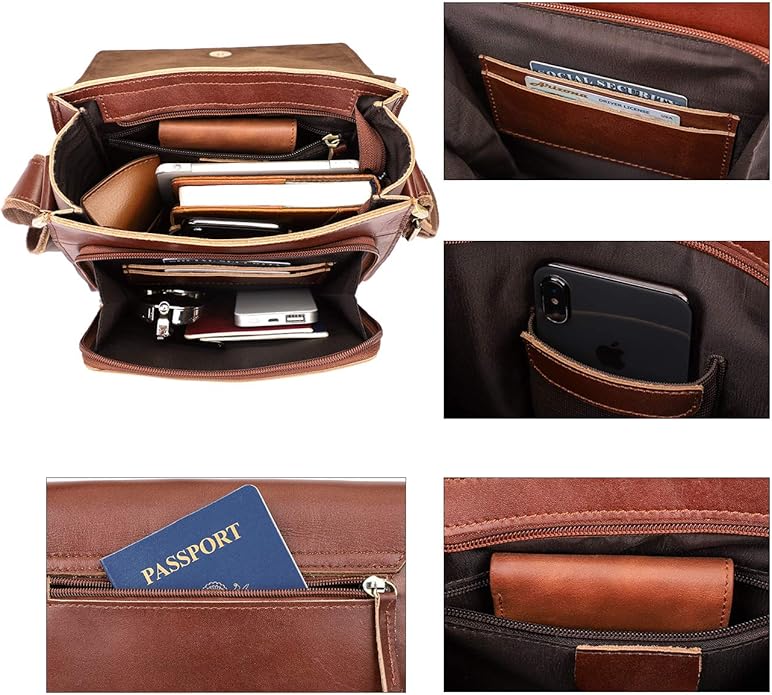 Augus Leather Messenger Crossbody Shoulder Bag for Men Work Business Casual Adjustable straps With YKK Metal Zipper