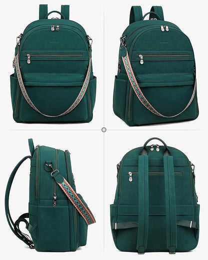 FADEON 15.6 inch Laptop Backpack Purse for Women Designer PU Leather Computer Backpacks Fashion for Work Travel Green