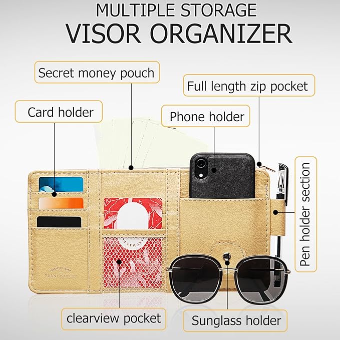 Boao 2 Packs Car Sun Visor Organizer, Sunglasses Holders for Car Sun Visor PU Auto Interior Accessories Storage Travel Document Holder with Multi Pocket (Beige, 12.2 x 6.1 Inches)