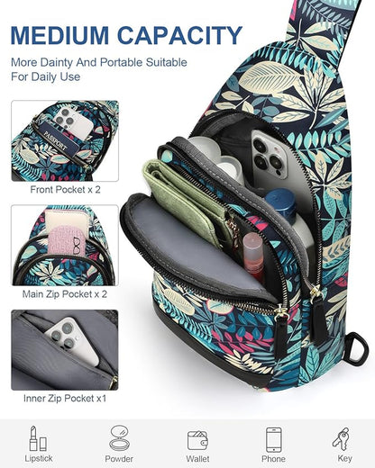 Capolo Sling Bag for Women Men Waterproof Crossbody Bags for Women Trendy Casual Fanny Pack with Convertible Shoulder Strap Chest Bag for Travel Hiking(Blue Leaves, Medium)