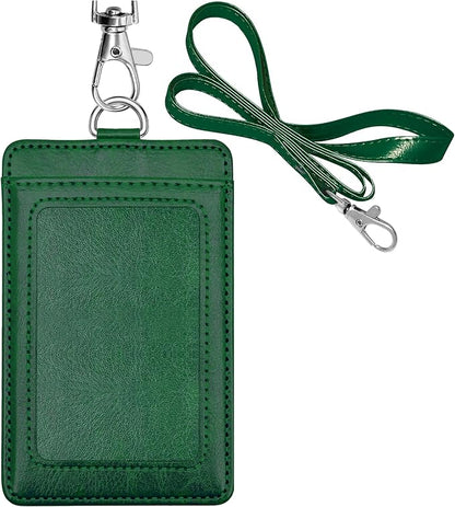 Life-Mate ID Badge Holder with 1 Clear ID Window, 1 Credit Card Slot and PU Leather Lanyard for Badge, College ID Cards in Dark Green