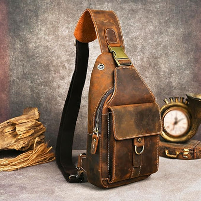 Genuine Leather Hiking Travel DayPack Sling Crossbody Triangle Chest Pack Bag For Men Women 8241 (Coffee 258204)