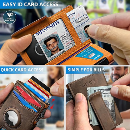 miyozi Airtag Wallet for Men,with Money Clip 10 Cards Metal Case Smart Slim Pop Up Credit Card Holder Flip with Magnetic Closure RFID Blocking wallet with Gift Box
