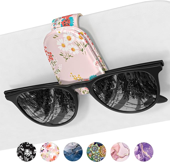 Sunglasses Holder for Car Visor, Magnetic Leather Car Sunglass Holder, Car Sun Visor Glasses Hanger Clip, Car Interior Accessories for Women Men, Fits All Size Eyeglasses