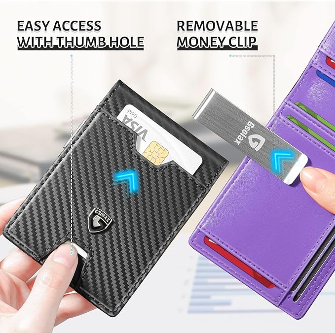 GSOIAX Men's Slim RFID Blocking Leather Wallet with Money Clip | Minimalist Carbon Fiber Bifold Credit Card Holder | 11 Card Slots | Gift Box Included(Carbon Purple)