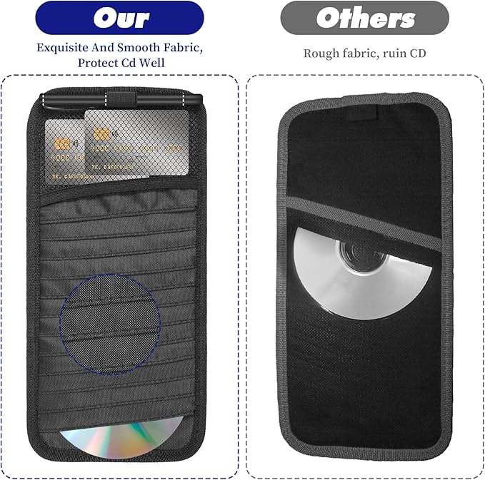 Car CD Holder DVD Vehicle Visor Storage Organizer Black Large Capacity CD Visor Case with 12 DVD Storage Sleeves, 1 Mesh Pocket, 1 Pen Loop & Elastic Strap