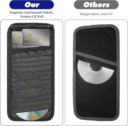 Car CD Holder DVD Vehicle Visor Storage Organizer Black Large Capacity CD Visor Case with 12 DVD Storage Sleeves, 1 Mesh Pocket, 1 Pen Loop & Elastic Strap