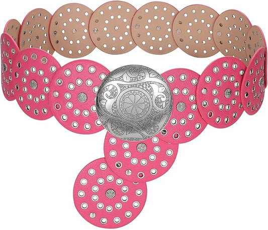 WERFORU Women Vintage Leather Belt Western Disc Waist Belts Ladies Western Belt Boho Belt for Dress Jean-