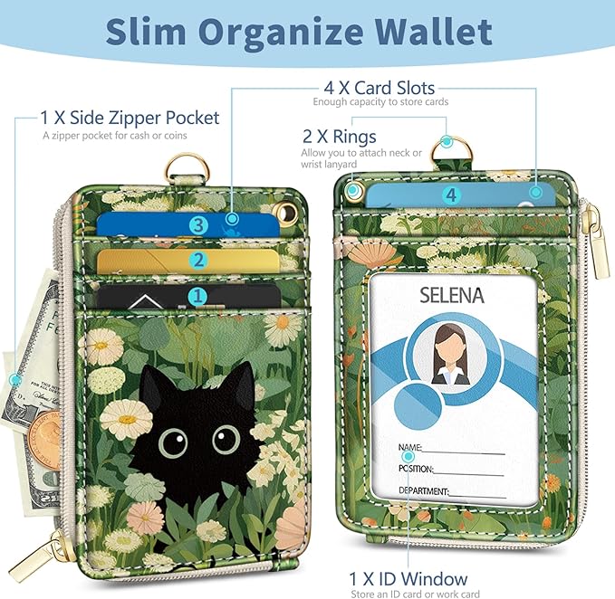 Lanyard Wallet with Id Badge Holder, Floral Cat RFID Small Keychain Wallet Women Wristlet, Cute Zipper Credit Card Holder Phone Wrist Neck Strap for Key Name Tag, Teacher Student Office Gifts