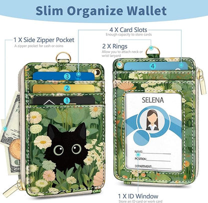 Lanyard Wallet with Id Badge Holder, Floral Cat RFID Small Keychain Wallet Women Wristlet, Cute Zipper Credit Card Holder Phone Wrist Neck Strap for Key Name Tag, Teacher Student Office Gifts