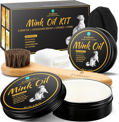 Feilove 4-in-1 Mink Oil Leather Conditioner and Cleaner 3.52 oz - Premium Waterproof Formula for Boots and Shoes