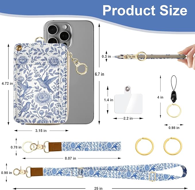 Lanyard Wallet, PU Leather Lanyards for ID Badges, RFID Blocking, ID Badge Holder with Zipper Pocket Detachable Phone Lanyard Keychain Wristlet for Office School Business-Bird