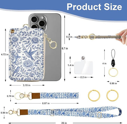 Lanyard Wallet, PU Leather Lanyards for ID Badges, RFID Blocking, ID Badge Holder with Zipper Pocket Detachable Phone Lanyard Keychain Wristlet for Office School Business-Bird