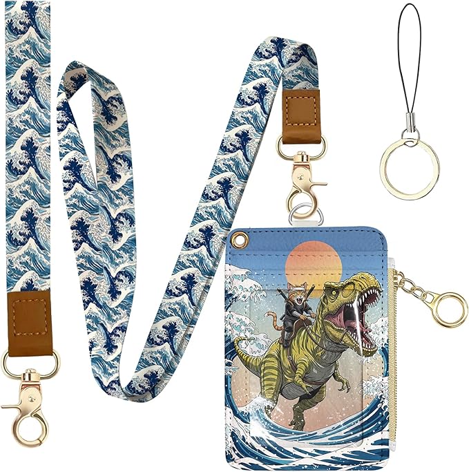 Funny Surfing Cat Riding Dinosaur Leather Badge Holder with Zipper Pocket, Work Lanyards and 1 Zip Pocket and 4 Card Slots, Cute Breakaway Lanyards with Metal Clasp for Boys, Adult