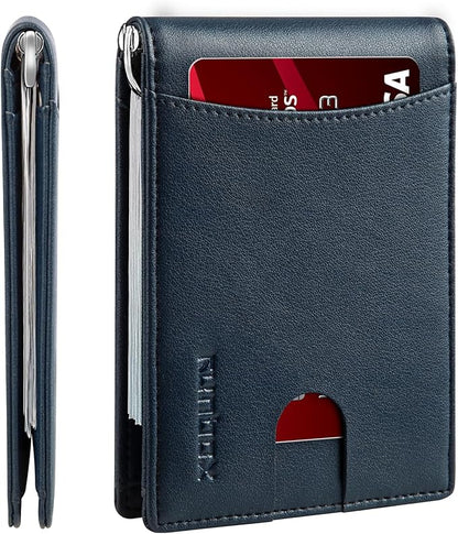 RUNBOX Slim Wallet for Men Genuine Leather RFID Blocking Bifold Minimalist Front Pocket Mens Wallet with Money Clip Thin Gift Box