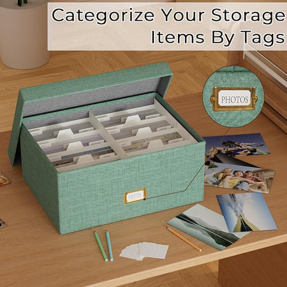 Decorative Photo Storage Box - Linen Photo Box Organizer with Dividers, Fits Holds Up to 1700 Pictures and 5x7 Photos, Memory Keepsake Organizer for Photos, Scrapbook Supplies, Cards, Stamps (Green)