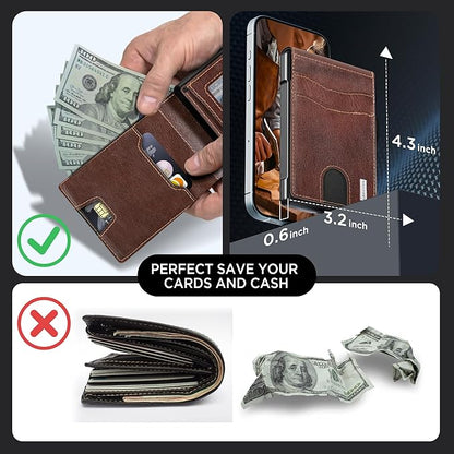 umoven Wallet for Men - Pop Up Case, Cash Slot, and Credit Card Slot - Slim Aluminum Wallet with RFID Blocking, Minimalist Leather Wallet Front Pocket with ID Window (Brown Red)