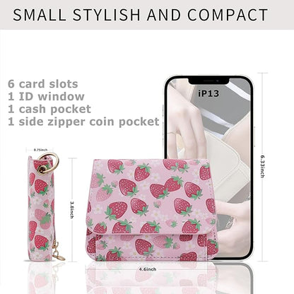 Women Small Wallet RFID Blocking Slim Wallet with Coin Pocket Tri-Fold Credit Card Holder with ID Window and Keychain (Strawberry)