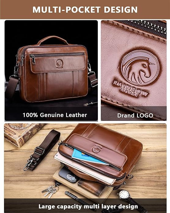 Men's Leather Crossbody Bag - Casual Messenger Shoulder Bag for Commuting, Large Capacity Laptop Briefcase with Multi-Pockets for Office