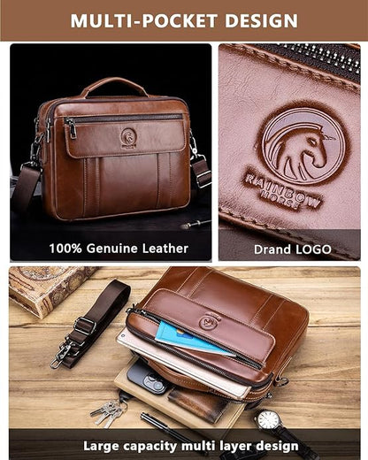 Men's Leather Crossbody Bag - Casual Messenger Shoulder Bag for Commuting, Large Capacity Laptop Briefcase with Multi-Pockets for Office