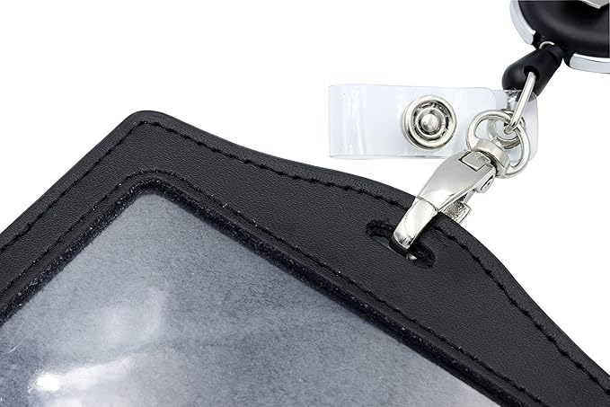 ID Card Case + Lanyard + Badge Holder Retractable Reel Carabiner and Plastic Clip (Genuine Leather Horizontal Black)