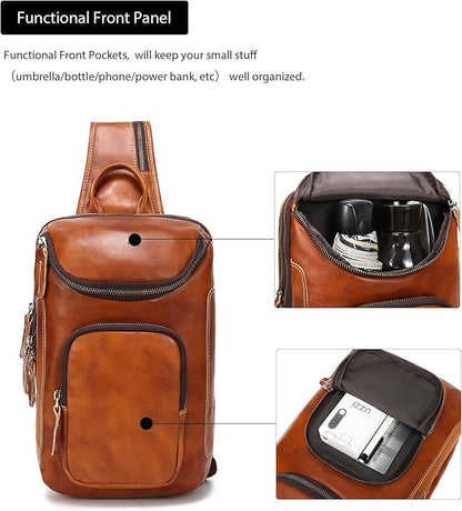 LANNSYNE Vintage Full Grain Leather Sling Bag Crossbody Chest Daypack | Vintage, Full Grain, Leather, Chest