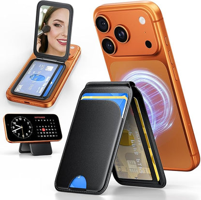 QYQBOON Magnetic Phone Wallet With Makeup Mirror - Mag Safe Wallet Leather RFID-Blocking Mag-Safe Card Holder for iPhone 17/16/15/14/13/12 Series, Not for iPhone 13/12 Mini (Black)