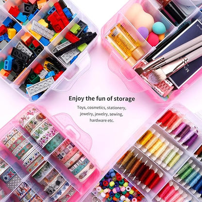 SGHUO Bead Organizers and Storage 3-Tier Pink Craft Container Stackable Box with Dividers for Art Supplies, Washi Tapes, Seed, Hair Accessories, Nail, 9.5X6.5X7.2in