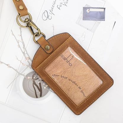 Badge Holder: Boshiho Cowhide Leather ID Badge Card Holder with 19" Neck Lanyard, Vertical Style (Light Brown)
