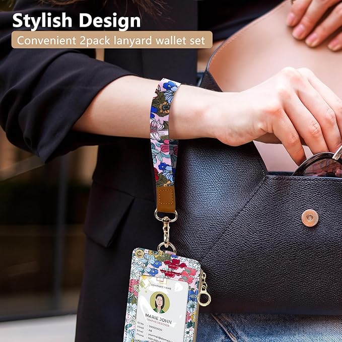 bolimoss 2-in-1 Floral Lanyard Wallet & ID Badge Holder, Vertical Leather ID Card Name Badge Holders with Small Zip ID Case Breakaway Wristlet & Cute Neck Lanyard for Offices, Woker, Teacher, Students
