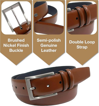 IZOD Men's Leather Belt - Feather Edge Stitching, Double Loop Strap, 1 3/8" for Work, Dress, Casual