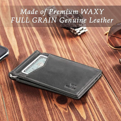 YBONNE Mens Slim Wallet with Money Clip Front Pocket RFID Blocking Thin Bifold Leather Card Holder Minimalist Mini Billfold