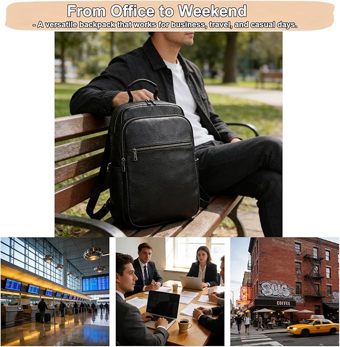 Genuine Leather 15.6 Inch Laptop Backpack for Men & Women, Business Commute Bag Daypack with Multi-Pockets for Travel Outdoor
