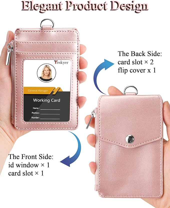Teskyer Badge Holder with Side Zip Pocket, Multiple Card Slots Leather ID Holder Wallet with Neck Lanyard for Office Staffs, Teachers/Students, Couriers, Workers, Rose Gold