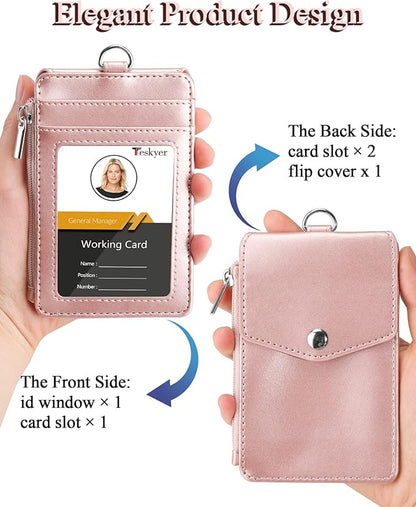 Teskyer Badge Holder with Side Zip Pocket, Multiple Card Slots Leather ID Holder Wallet with Neck Lanyard for Office Staffs, Teachers/Students, Couriers, Workers, Rose Gold