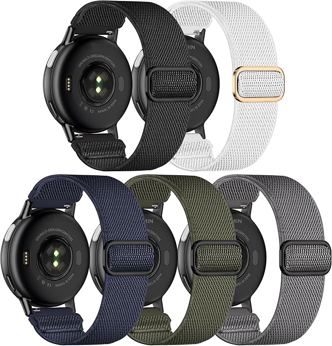 5 Pack Stretchy Nylon Watch Bands Compatible with Garmin Vivoactive 5/6/Forerunner 55/165,20mm Soft Elastic Fabric Adjustable Replacement Sport Straps for Garmin Venu Sq 2 Women Men