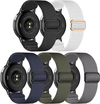 5 Pack Stretchy Nylon Watch Bands Compatible with Garmin Vivoactive 5/6/Forerunner 55/165,20mm Soft Elastic Fabric Adjustable Replacement Sport Straps for Garmin Venu Sq 2 Women Men