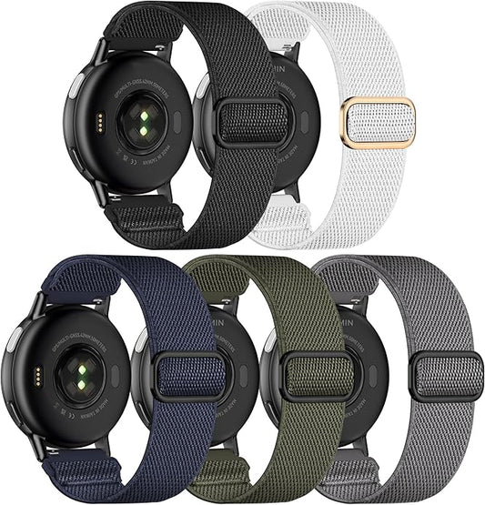 5 Pack Stretchy Nylon Watch Bands Compatible with Garmin Vivoactive 5/6/Forerunner 55/165,20mm Soft Elastic Fabric Adjustable Replacement Sport Straps for Garmin Venu Sq 2 Women Men