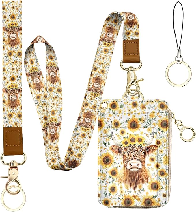 Bolimoss Highland Cow Print Lanyard Wallet - Cute Sunflower ID Badge Holder With Neck & Wristlet, PU Leather Zip Case With Breakaway Keychain