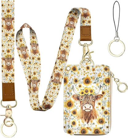 Bolimoss Highland Cow Print Lanyard Wallet - Cute Sunflower ID Badge Holder With Neck & Wristlet, PU Leather Zip Case With Breakaway Keychain