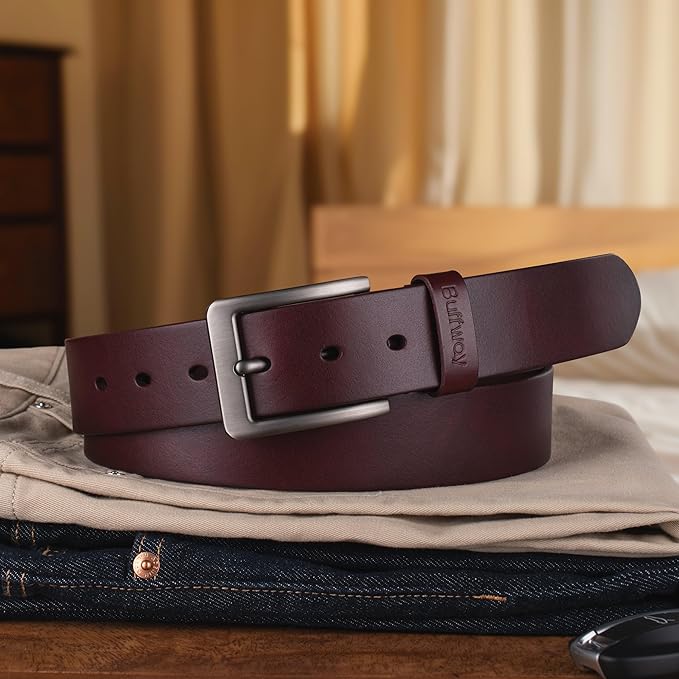 Buffway Men’s Full Grain Leather Belt – Solid One-Piece Leather, 1.5” Wide for Jeans & Business Casual, Gift Box Included