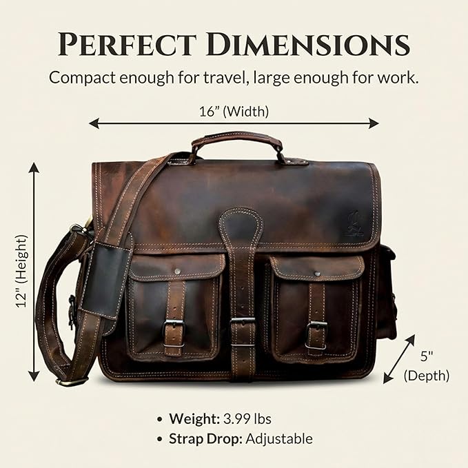 cuero Leather Messenger Bag for Men, 16 Inch Laptop Crossbody, Vintage Handmade Leather Shoulder Satchel Bag for Men, Full Grain Business Briefcase for Office/Work/Travel - Brown