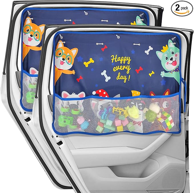 DIZA100 2 Pack Car Window Shade for Baby, Blackout Car Sun Shades with Storage Pockets, 7 Suction Cups, Blue, Cute Patterns for Sun/Heat/UV Rays Protection, Standard Passenger Cars